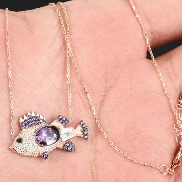 Amethyst & topaz sapphire baby fish gold necklace - Picture 2 of 4